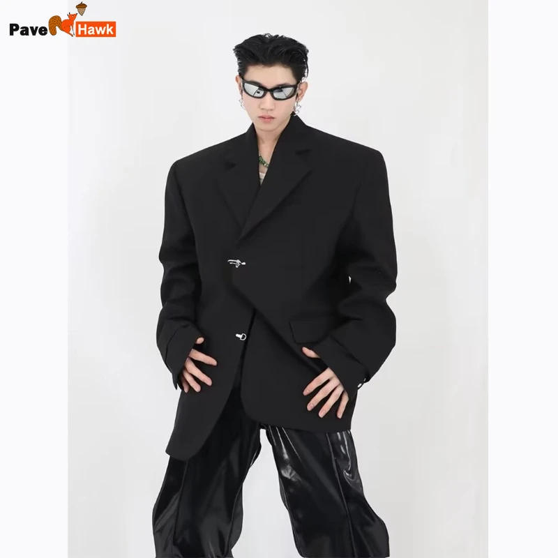 Oversized High Street Mens Suit 2024 Spring New Hip Hop Trendy V-neck Jacket Metal Buckle Wide Shoulders Casual Coats Male