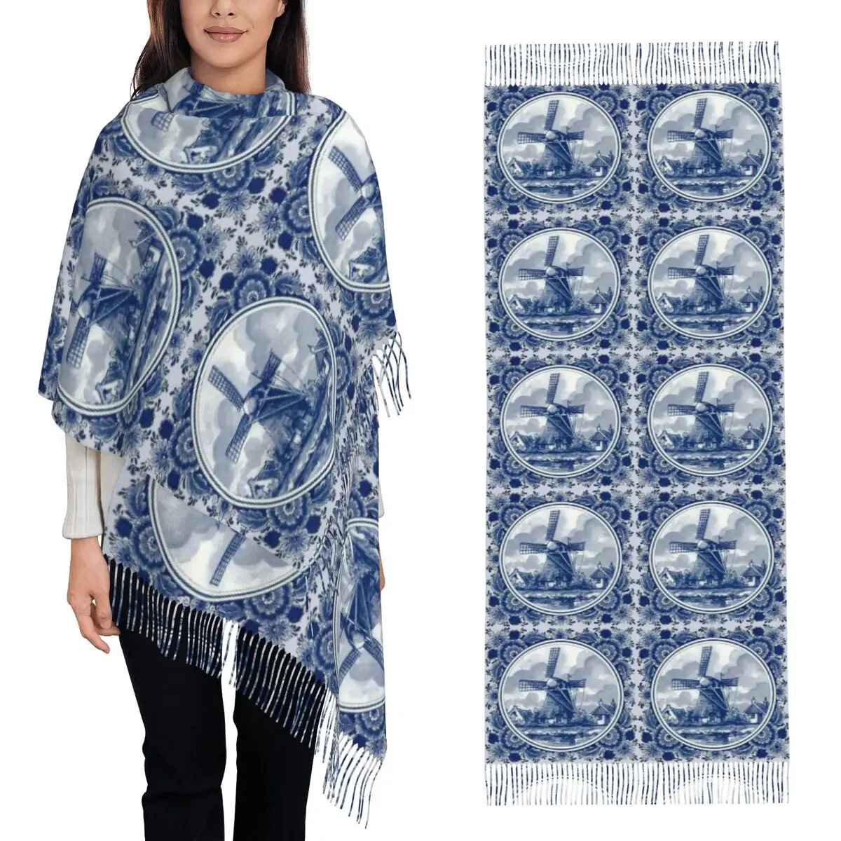 

Голландский синий дельф, винтажный шарф с принтом ветряной мельницы, шарфы с кисточками для женщин, мягкие теплые шали и накидки, большая осенне-зимняя шаль