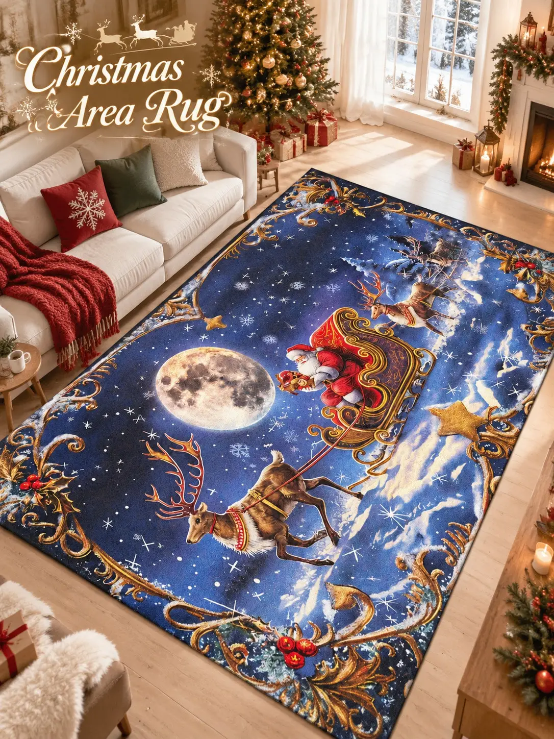 Christmas Rug Santa Sleigh Reindeer Moon Living Room Bedroom Lounge Hallway Floor Carpet Gift for Mom Dad Sisters Friends Winter Thanksgiving Birthday Anniversary Housewarming Apartment Cottage Home Styling Sofa Side Reading Nook Holiday Gathering