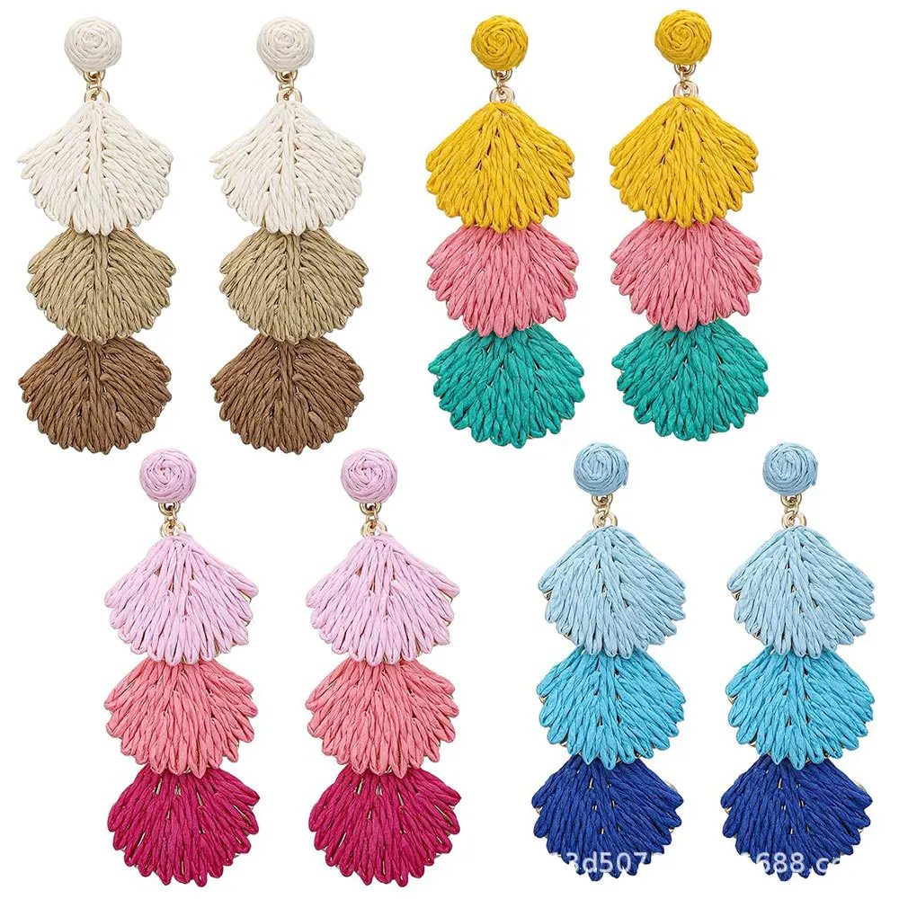 Bohemian Raffia Colorful Shell Shape knitted Drop Earrings Simple Handmade Woven Long  Earring Summer Jewelry Gifts for women