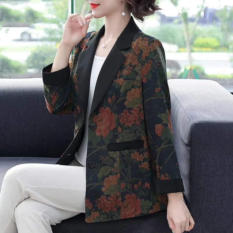 Vintage Printed Spliced Pockets All-match Blazer Women Clothing 2023 Autumn New Oversized Casual Tops Loose Office Lady Blazers