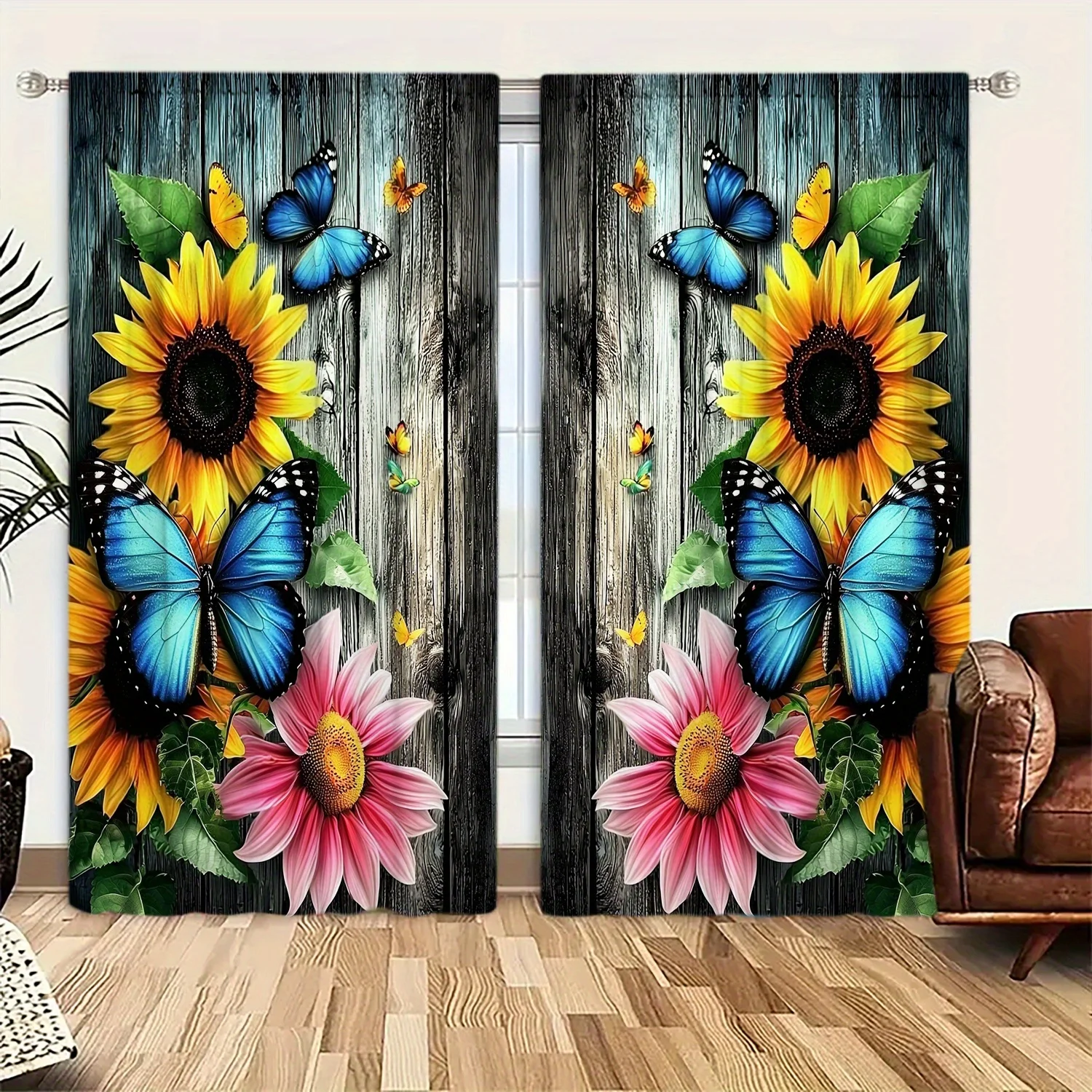 2D Flat, 2pcs Sunflower Butterfly Curtains Rustic Wood Print Blackout Drape Living Room Bedroom Window Treatment Home Decor