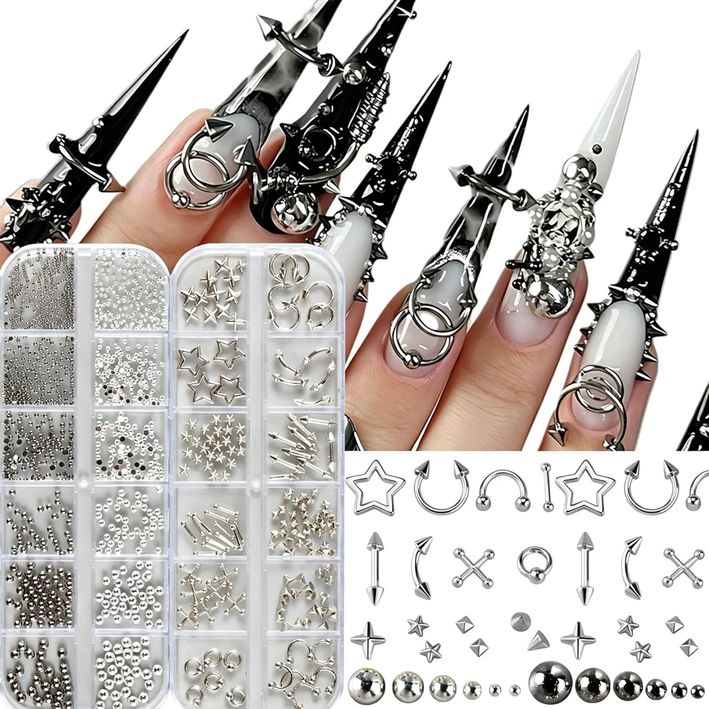 2 Boxes Mixed Punk Metal Nail Art Charms Mixed Silver Star Cross Ring Spike Beads Nail Studs Rivets DIY Gothic Manicure Supplies