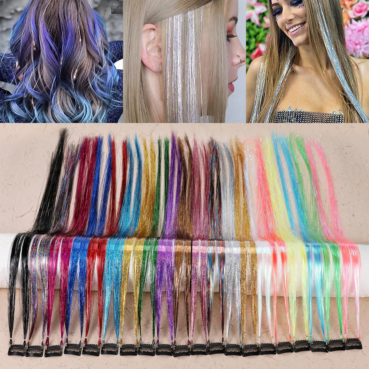 18 Inch Shiny Sparkle Hair Extension Clip In Hair Tinsel Glitter Fairy Hair Tinsel Heat Resistant 1Pc Hair Streak Synthetic Hair