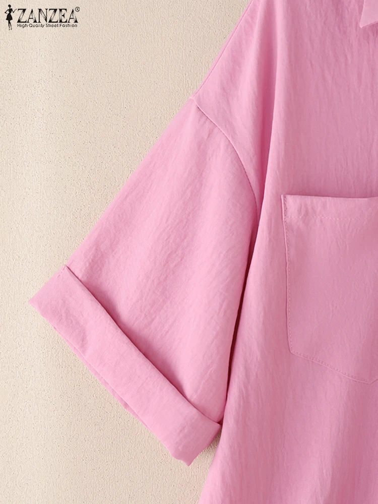 ZANZEA قمصان عصرية 2025 بلوزة كورية أنيقة بلون سادة للسيدات قطع علوية صيفية تونك نصف كم وطية صدر السترة بلوزات نسائية فضفاضة غير رسمية