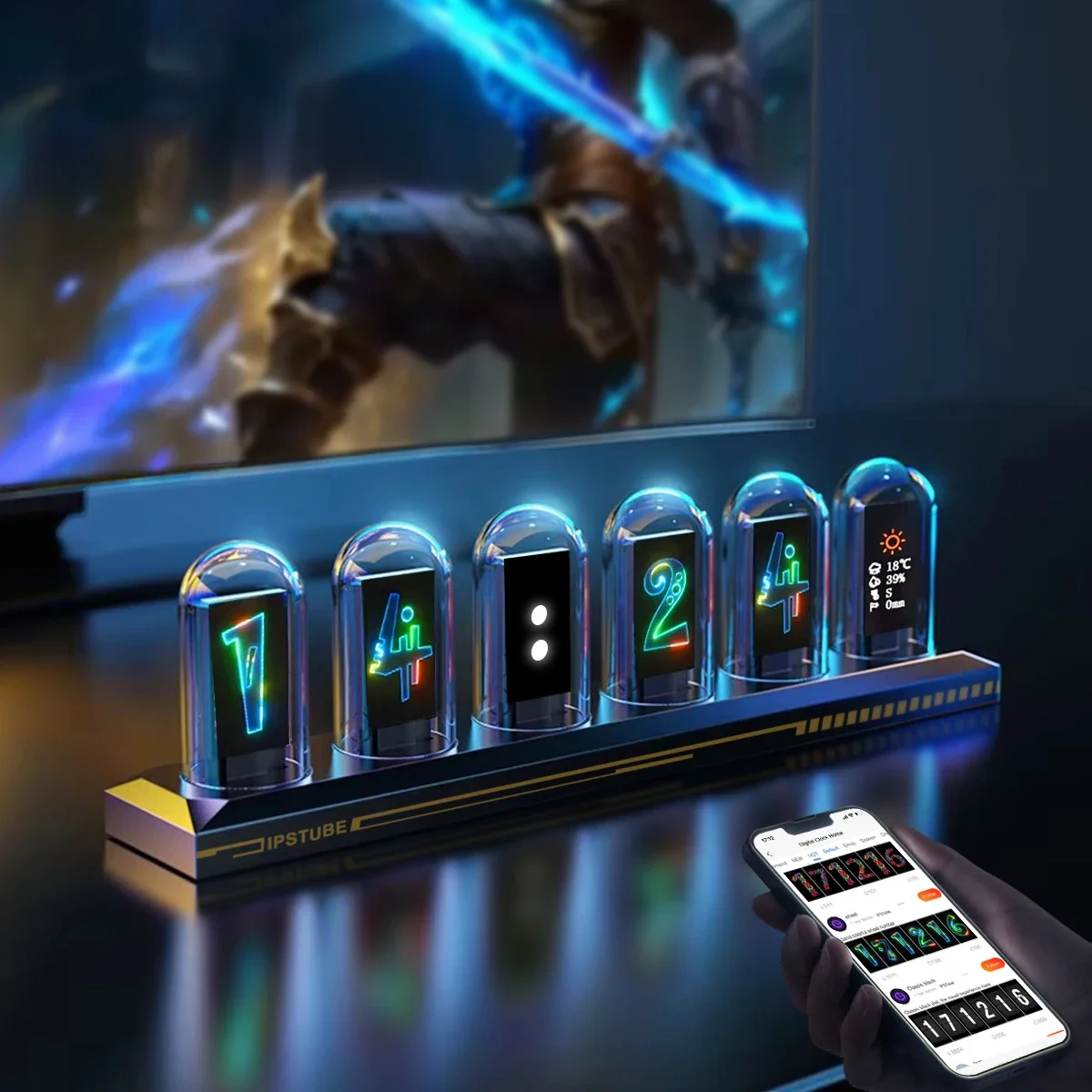 RGB Digital Nixie Tube Clock Home Gaming Room Bedside Table Cool Decor DIY Picture Display USB IPS Color Screen Glows Nightlight