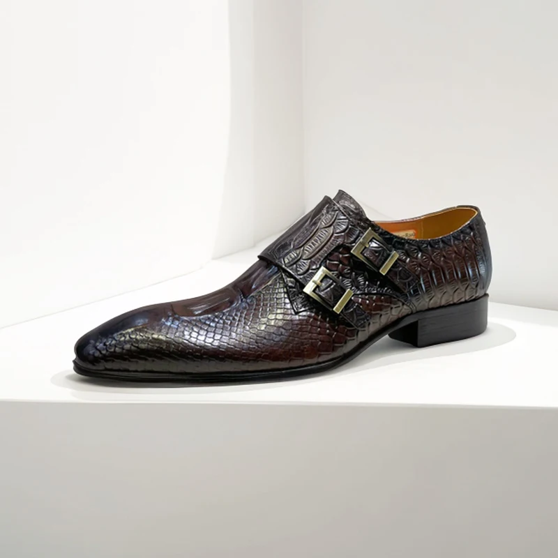 

Monk Dress Shoes Men Alligator Pattern Cow Leather Slip-Ons Footwear Pointed Toe Buckle Straps Men Business Wedding Dress Shoes