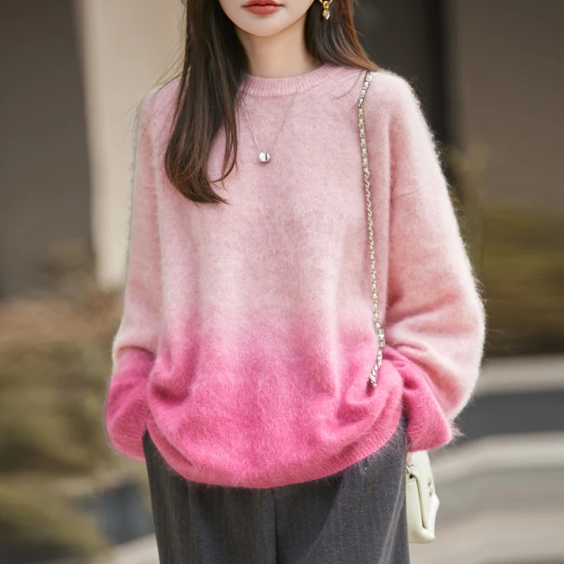 Women 100% Wool Pullover 2025 Autumn Winter Long Sleeve Loose Fashion Warm O- Neck Casual Color Gradient Fluffy woolen Sweater