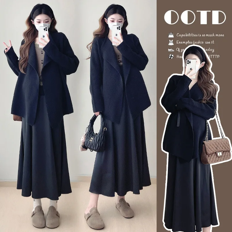 Maternity Wear Fall Winter Clothes Set Elegance Knit Coat With Girdle + Fishtail Skirt  Fashion Models Suit Pregnant Outwear