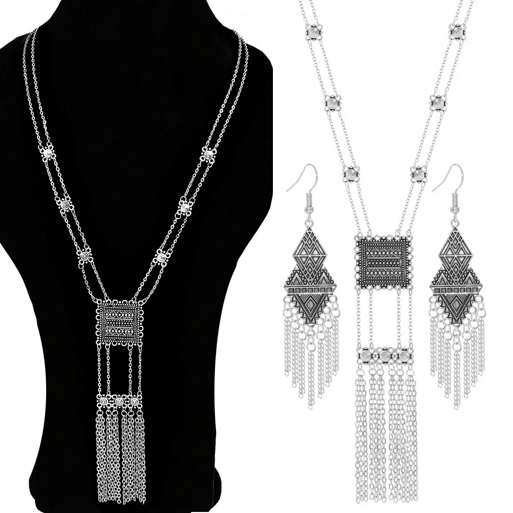 Boho Vintage Ethno-Stil Schmuckset Antik Silber Lange Kette Ohrhänger Geometrische Statement Alltagskleidung Arbeitsurlaub