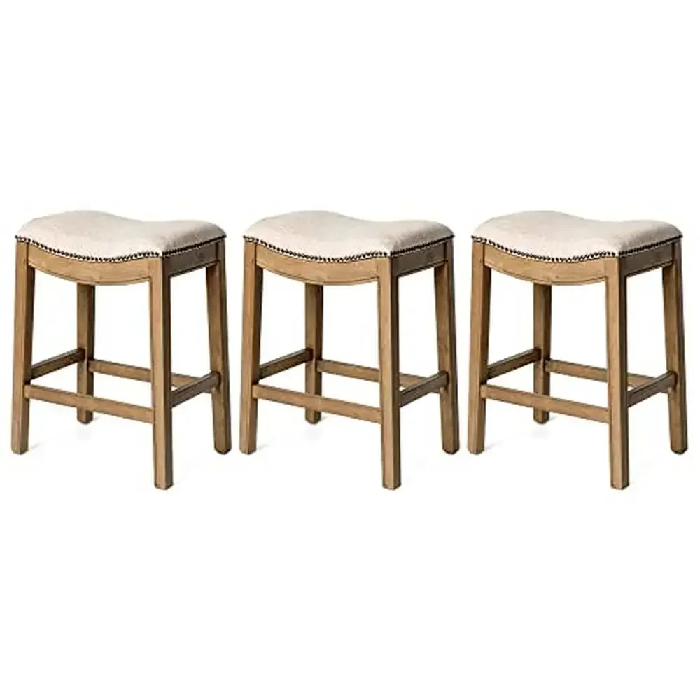 

Counter Height Upholstered Backless Saddle Barstool Natural Wood Finish Wheat Cream Fabric Cushion Seat Luxe Design Solid Wood