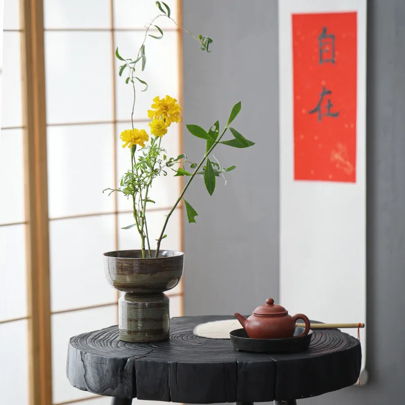 Japanese Style Handmade Ancient and Simple Dual-Purpose Flower Holder Fruit Plate Stoneware Tea Cake Tray Hydroponic Vessel