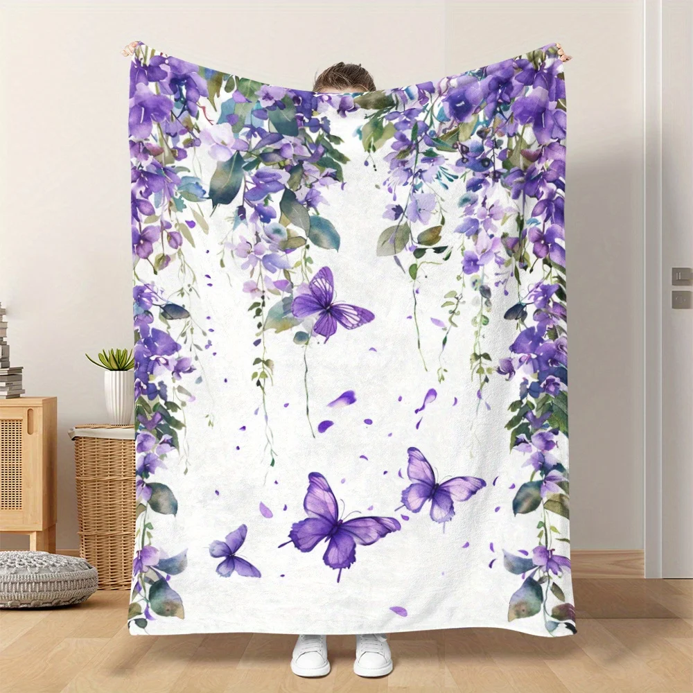 Watercolor Style Print Blanket, Soft and Warm, Butterfly Element, Wisteria Flowers, Plants,for Travel, Cars, Office Home Decor