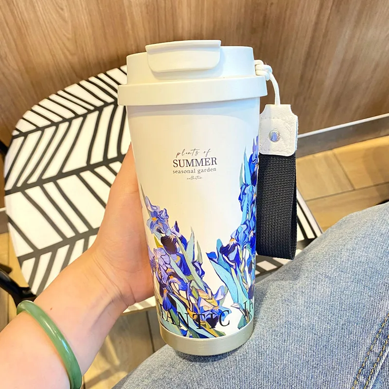 500ml Flower Thermal Mug Stainless Steel Insulated Coffee Cup with Handle Vacuum Flask Thermos Bottles for Woman with Straw