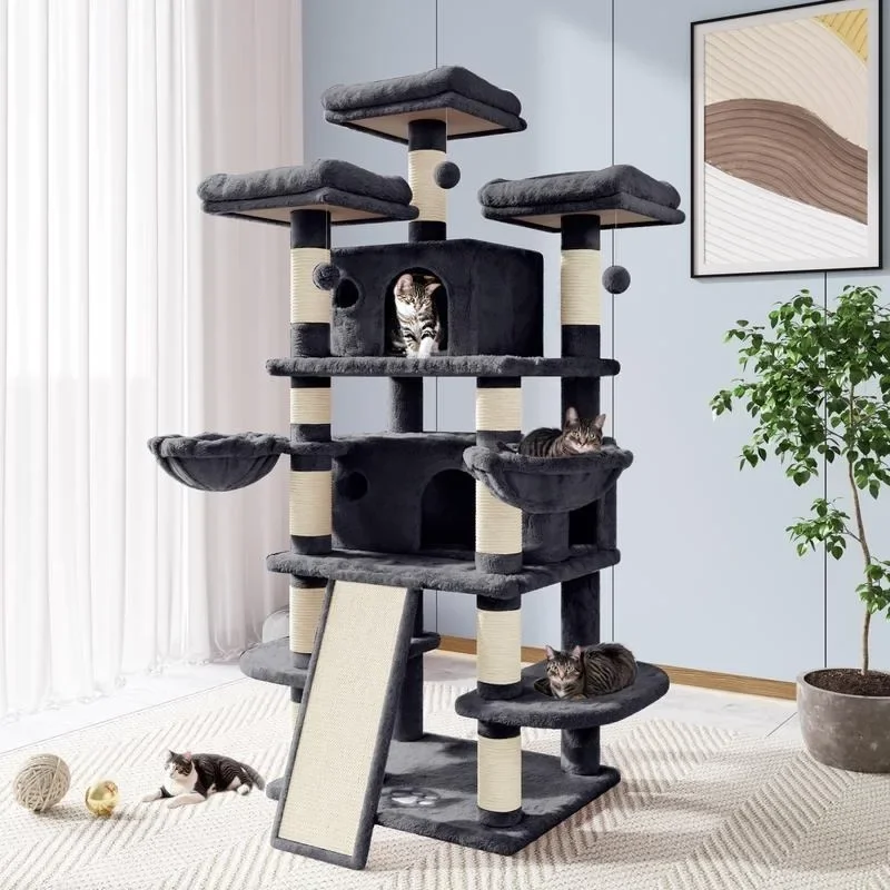 PurrFest 68 Inches Cat Tree House with Condo, Scratching Post, and Multi-Level Towers for Cats