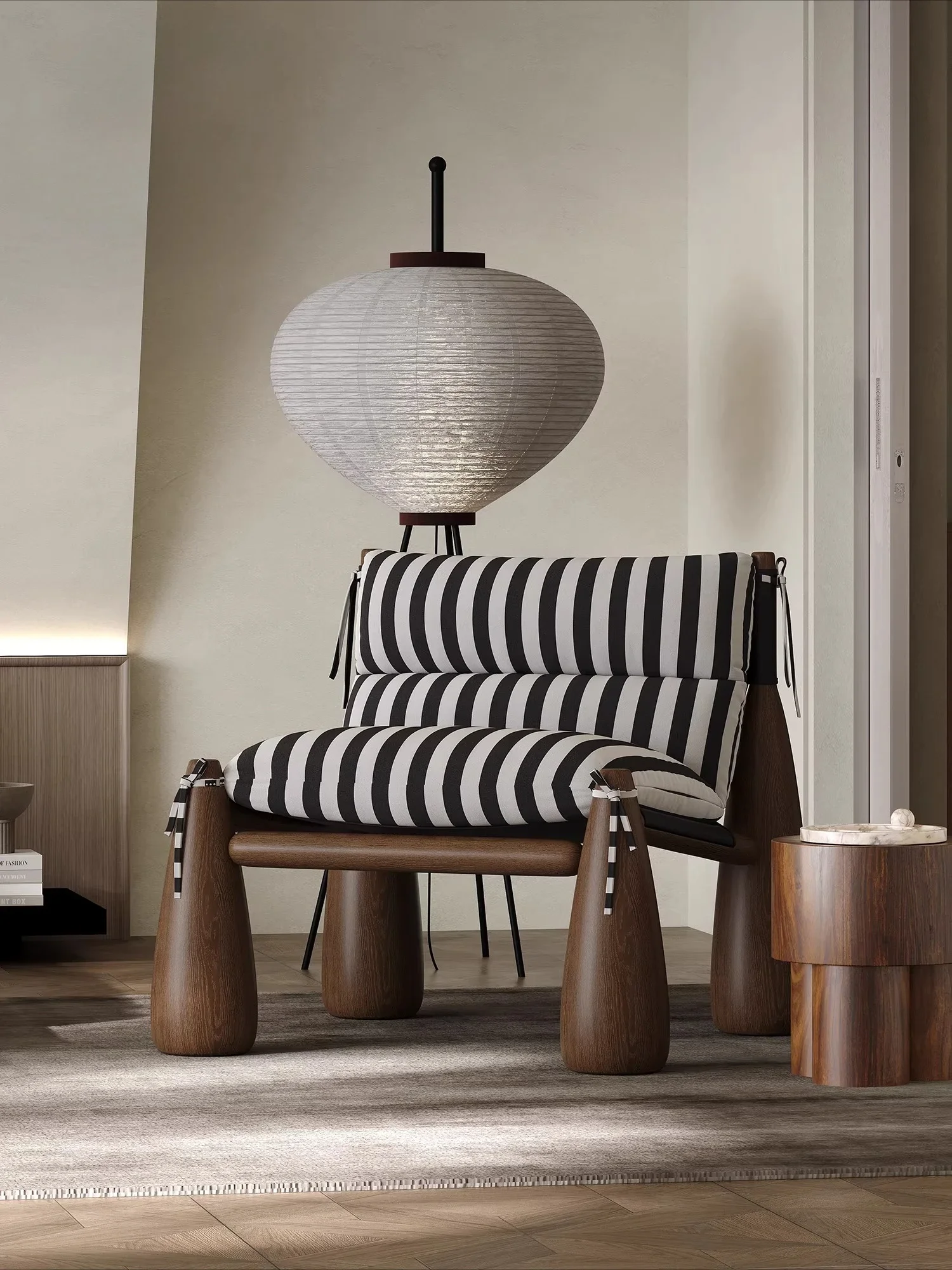 Solid wood baseball chair household living room striped fabric single leisure chair