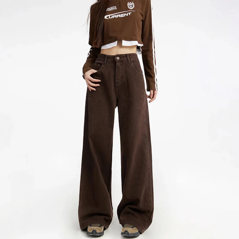 Jean marron taille haute à jambes larges pour femme, coupe ample, coupe droite, longueur cheville, pantalon automne hiver, taille haute, pour les déplacements