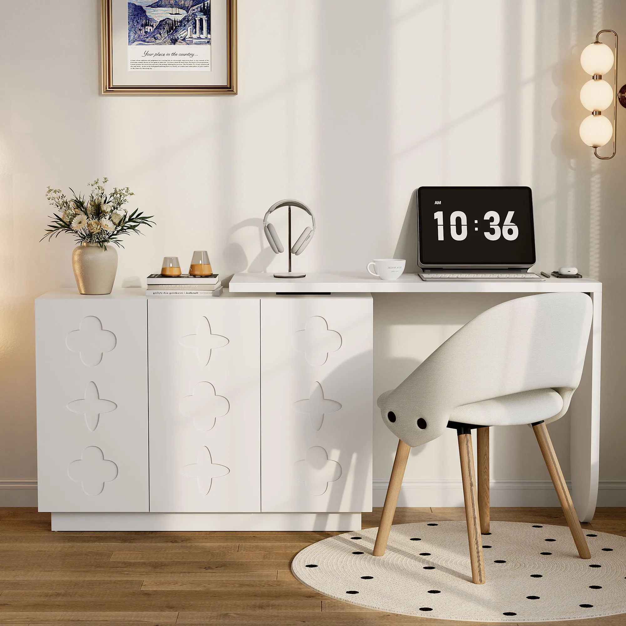 Bureau d'angle en forme de L avec rotation à 360 degrés, poste de travail informatique avec armoire de rangement blanche, table de bureau pivotante avec portes à fermeture douce, étagères réglables, bureau compact pour le bureau à domicile