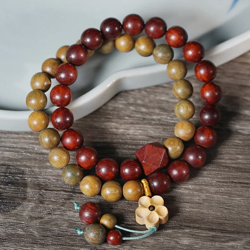 Green and Blood Sandalwood -Loop Double-Piece DIY Plum Blossom Style Bead Bracelet Buddhist Prayer Bea
