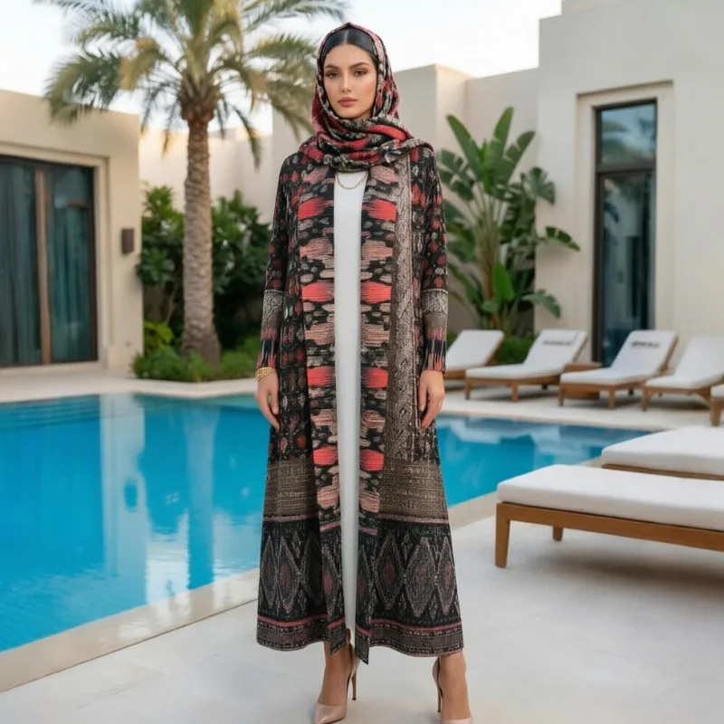 

Новая плиссированная абайя Miyake 2026 с принтом, элегантный кардиган для женщин Ближнего Востока, пальто с длинными рукавами, скромная консервативная одежда