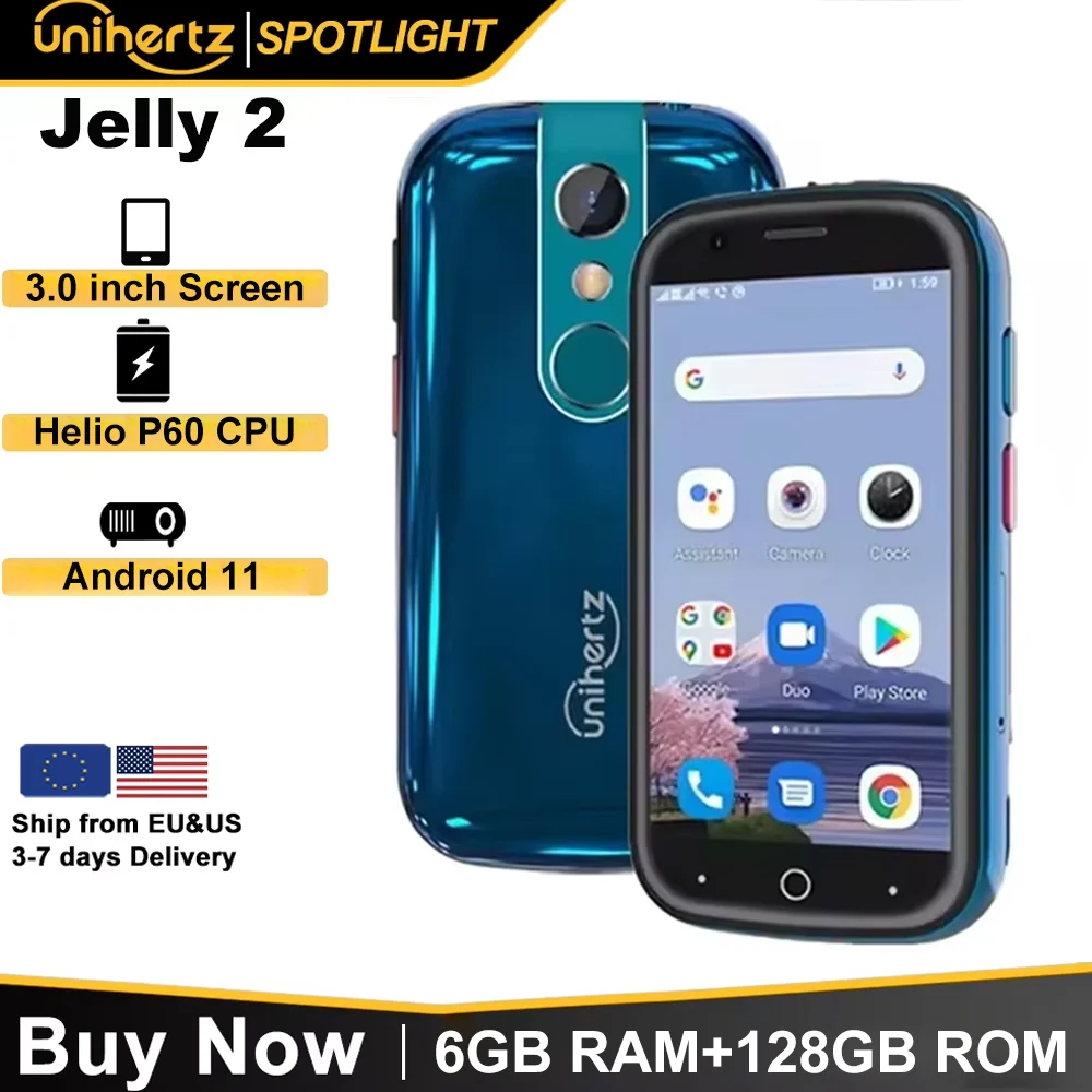 Unihertz Jelly 2 4 inch Mini Smartphone Android 11 Helio P60 Octa Core Unlocked 6GB 128GB NFC Cellphone 16MP Infrared Phone
