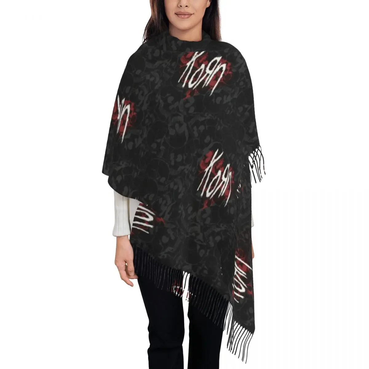 Custom Korns Heavy Metal Music Scarf for Women Fashion Winter Shawl Wraps Rock Roll Tassel Wraps