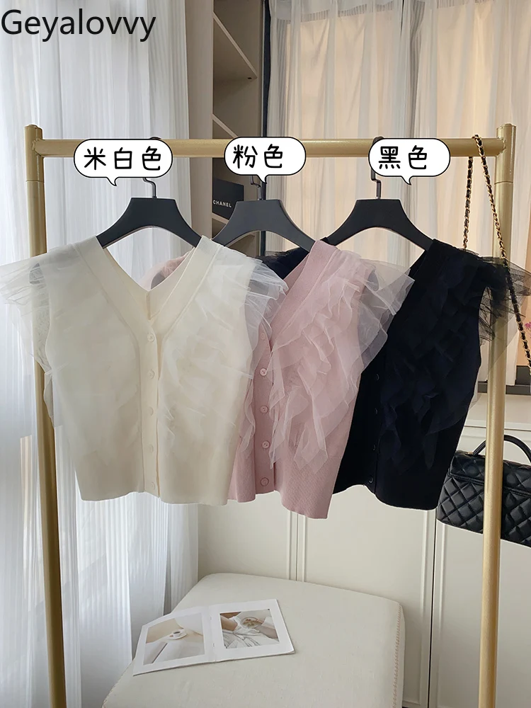 Nuovo prodotto estivo dolce tulle giapponese fungo bordo maniche volanti scollo a V maglione lavorato a maglia dimagrante gilet corto per le donne