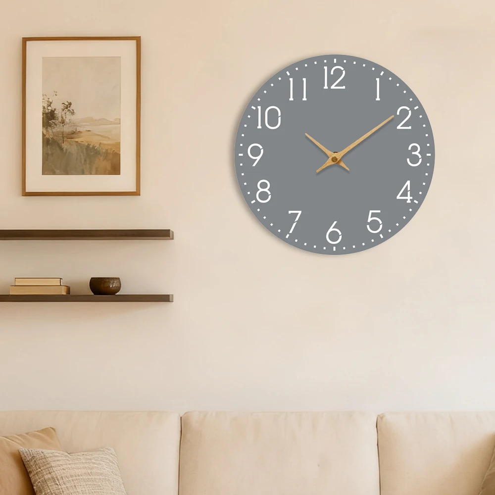 Minimalistische graue Holz-Wanduhr, geräuschlose Quarzuhr mit Metallzeigern, moderne Dekoration für Wohnzimmer, Schlafzimmer, Küche, Heimbüro