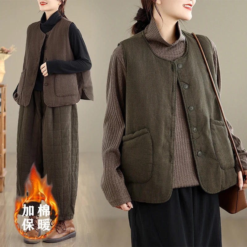 

Хлопковый жилет Thiened ort Sle, теплый, однотонный, осенне-зимний, модная верхняя одежда, без насадок, джет, ретро, художественный дизайн