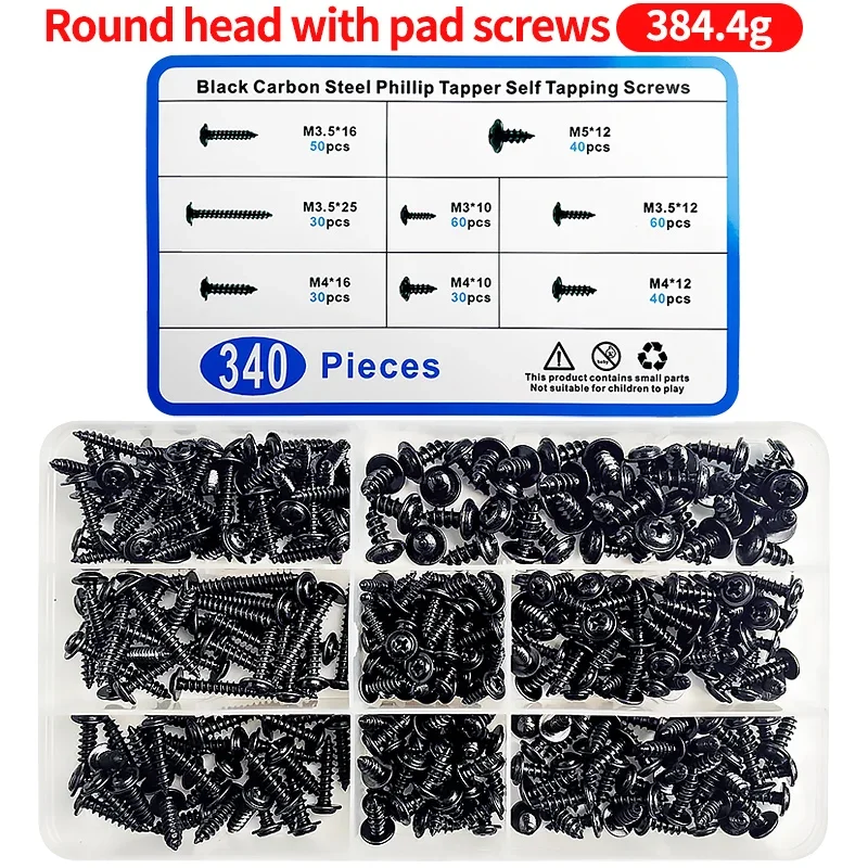 

340pcs/Box M3 M3.5 M4 M5 Black Steel Mini Micro Cross Phillips Round Pan Head Self Tapping Wood Screw Set Kit Box