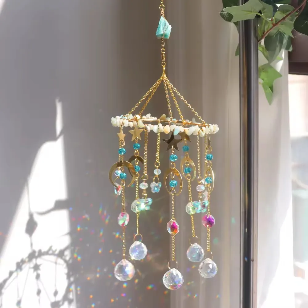 Custom Raw Stone Top Star Moon Shape Amazonite Crystal Chip Sun Catcher - Glass Pendants Hanging Ornament for Window Decor