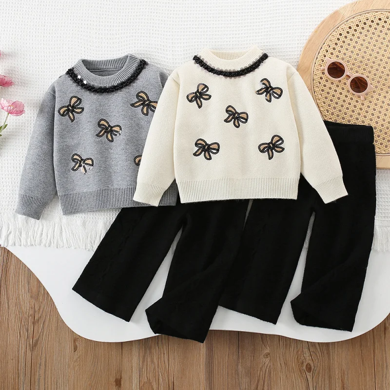 

Girls Sweater Set Autumn Winter New Children's Round Neck Shirt Stylish Baby Long Sleeve Knitted Pullover Two-Piece Set