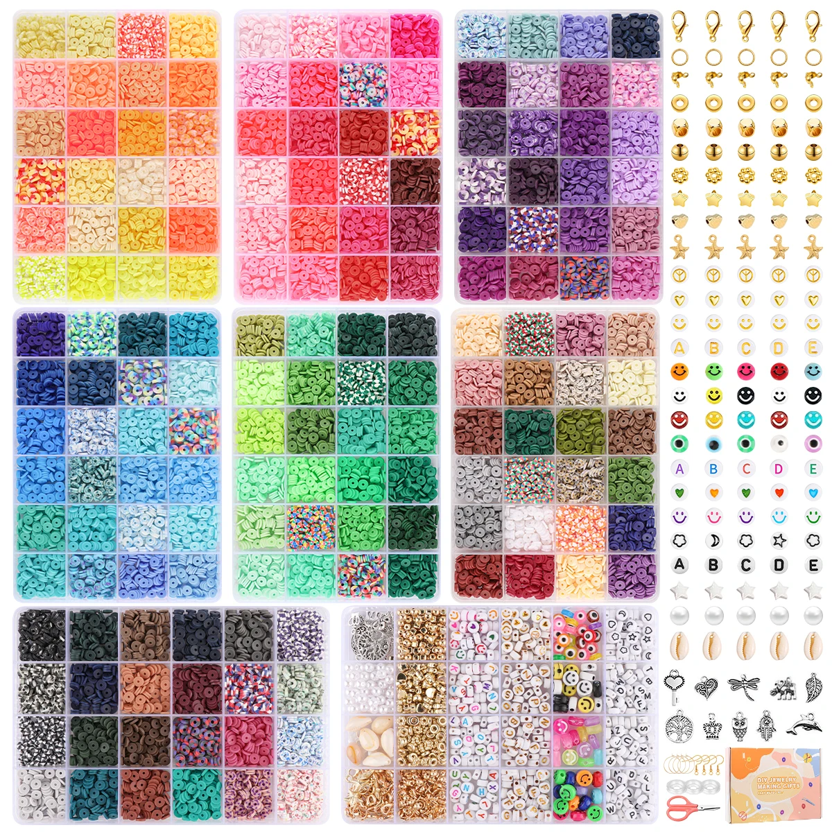 17553Pcs Clay Beads for Bracelet Making kit,8 Boxes DIY Polymer Clay Beads Kit。