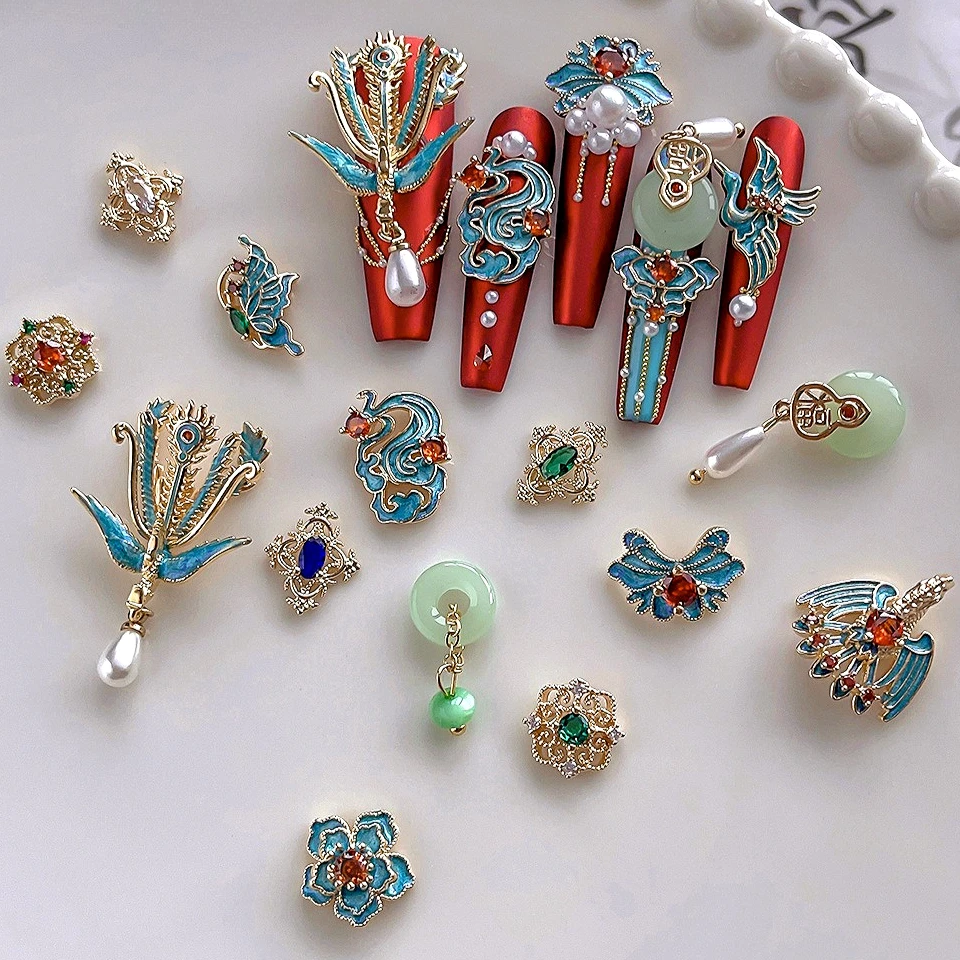 

Ancient Chinese Wedding Xiuhe Phoenix Crown Xiapi Crystal Flower Pearl Jade Pendant Nail Art Decorations Accessories Manicure