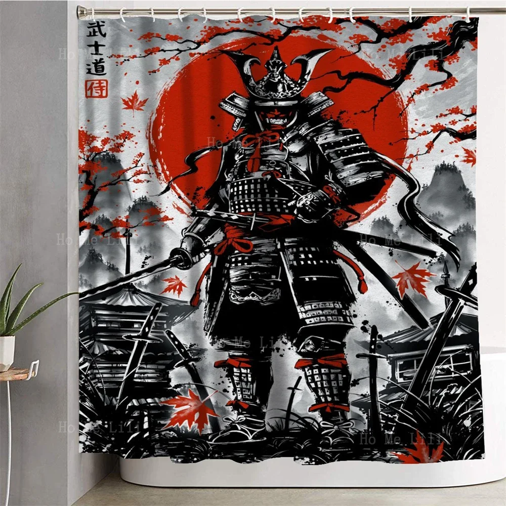 An Ink Painting Soldier Under The Unknown Japanese Samurai Cherry Tree Shower Curtain For Bathroom Decor