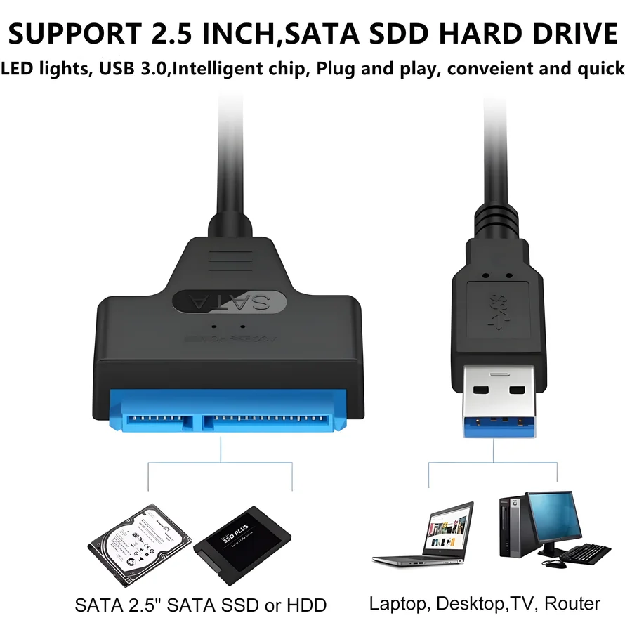 Câble SATA vers USB 3.0 jusqu'à 6 Gbps câble USB 3.0/2.0 vers Sata III pour disque dur SSD externe 2.5 pouces adaptateur SATA 3 22 broches
