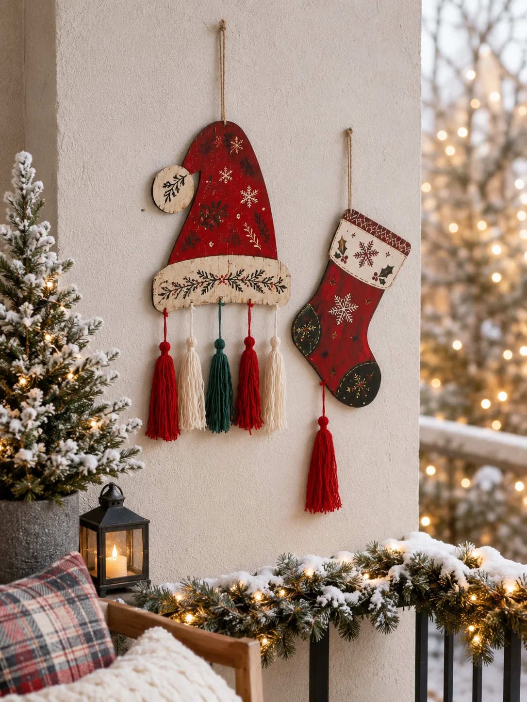 Vintage Christmas Wall Hanging Sign, Santa Hat & Stocking Shape Plaque, Rustic Farmhouse Xmas Door Wall Decor for Holiday Home