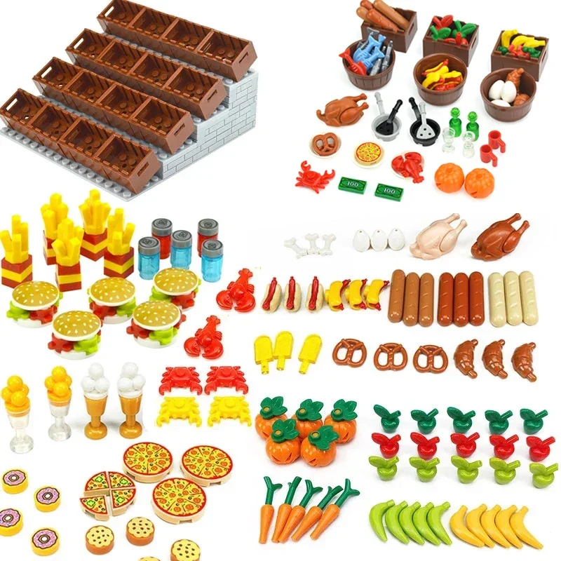 City MOC Table Food Bread Pizza Fries Fruit Carrot Hamburger Model Toys Educational Building Blocks Toys for Children Kids Gifts