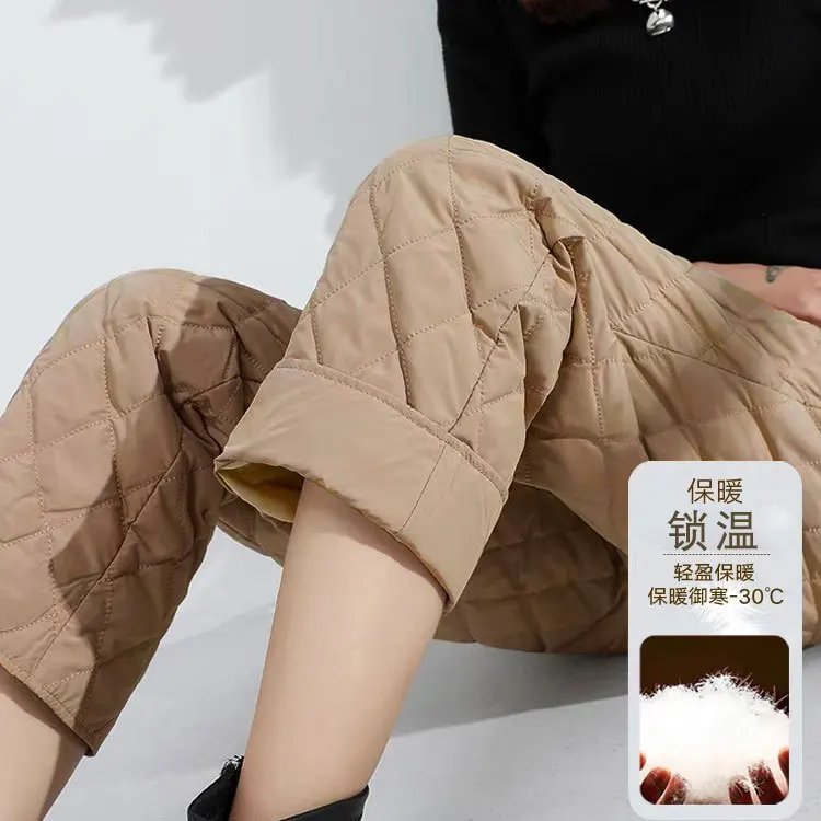 Women Down Cotton Pants Winter High Waist Loose Warm Wide Leg Trousers  pantalon efecto cuero mujer PT-618