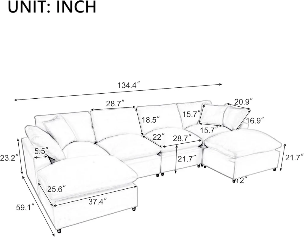 Living Room Furniture Sets Modern U-Shape Sectional Sofa with 2 Large Chaise/Removable Ottomans Modular Sectional Sofa