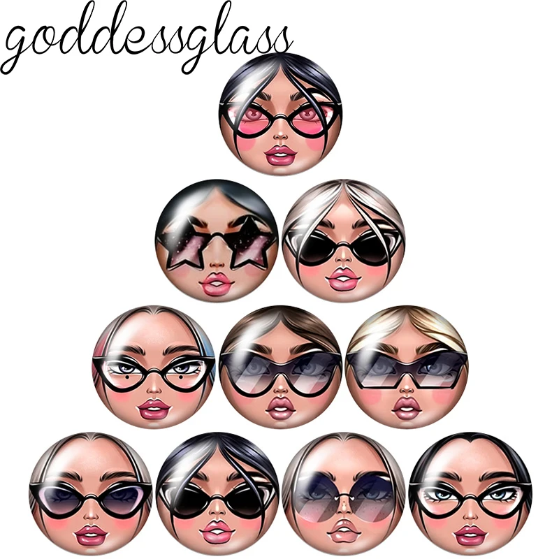 Sunglass Girl Matryoshka doll Face 12mm/18mm/20mm/25mm Round photo glass cabochon flat back findings snap buttons DIY earrings