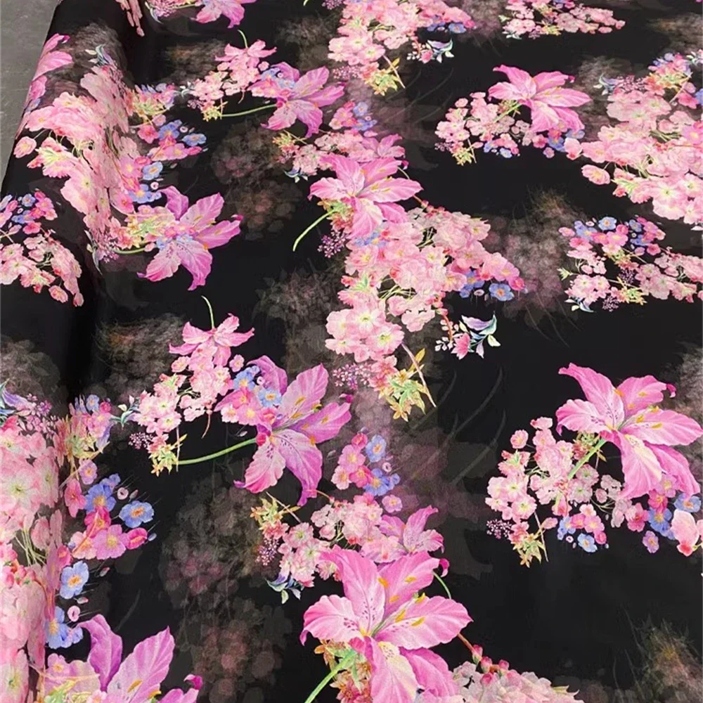 Fashion Double Crepe Silk Fabric New Style Black Base Elegant Flower Mulberry Printed Dyed Shirt Brand Design Dress Cloth Fabric