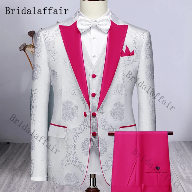 Bridalaffair High Quality Silver Printed Material White Tuxedo Mens 2022 Hot Pink Lapel Groom