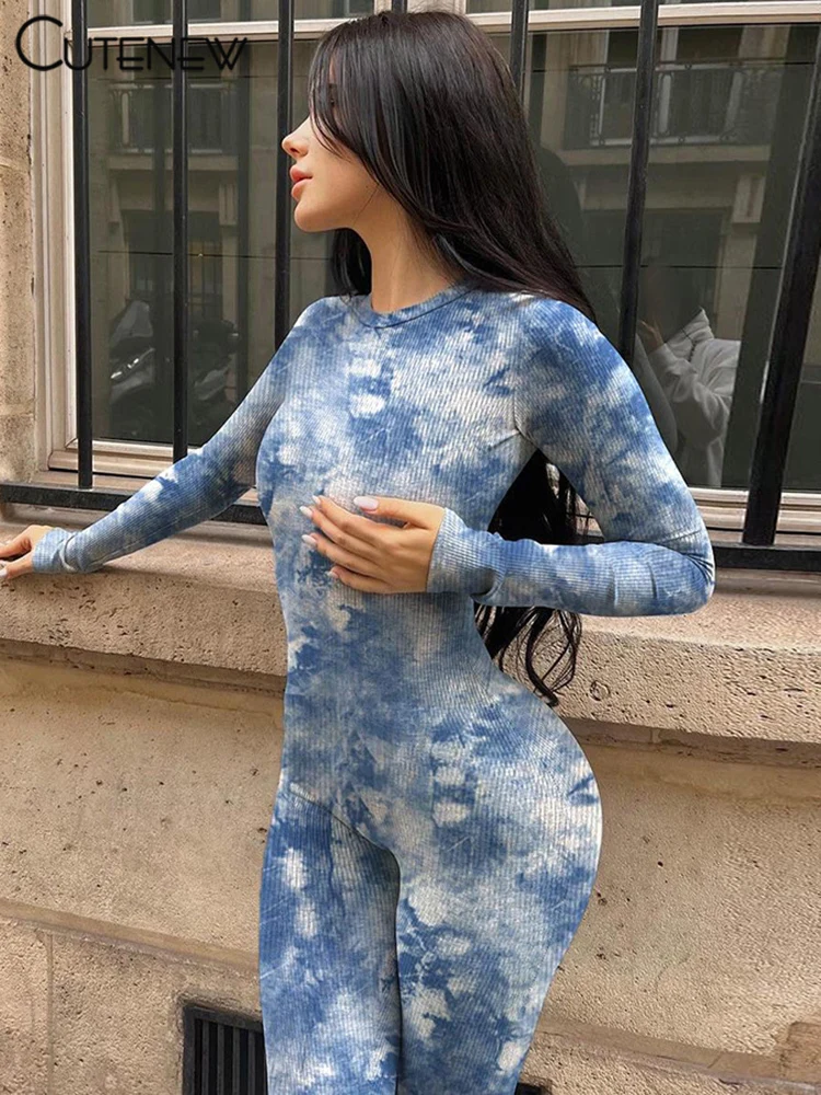 Cutenew Tie Dye Basic Jumpsuits Women Fashion Attractive Autumn Full Sleeve O-neck Body-shaping Overall Mujer Classic Streetwear