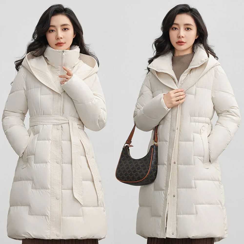 Winter Women White Duck Down Long Jacket With Belt Female Thick Warm Coat Luxury Slim Parka Hooded Outerwear Office Ladies 2024