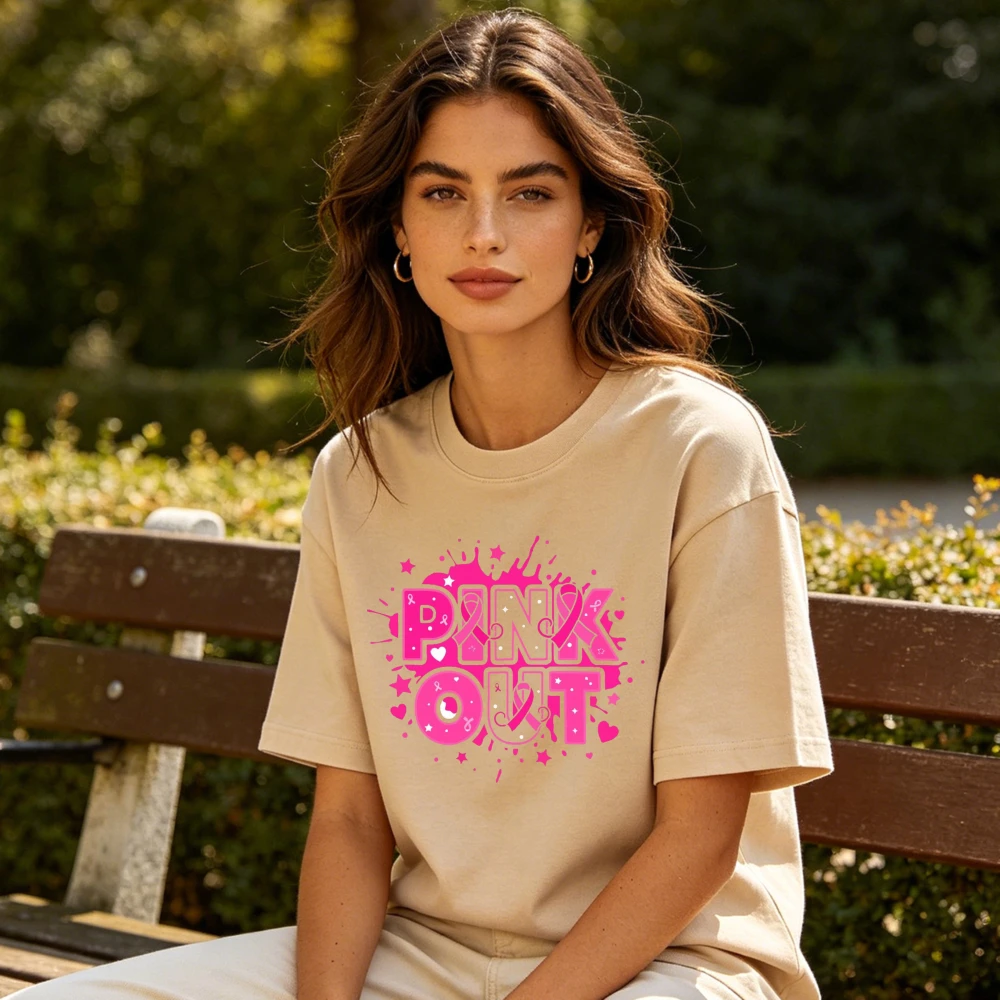 Pink Out Splash Star Heart Letter Graphic Women Summer Cotton T Shirt Breast Cancer Support Sport Short Sleeve Garment
