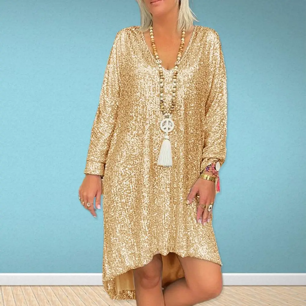 

Charming Autumn Dress Skin-touch Casual Dress Glitter Thin Fashion Shining Sequins Oversized Shift Dress