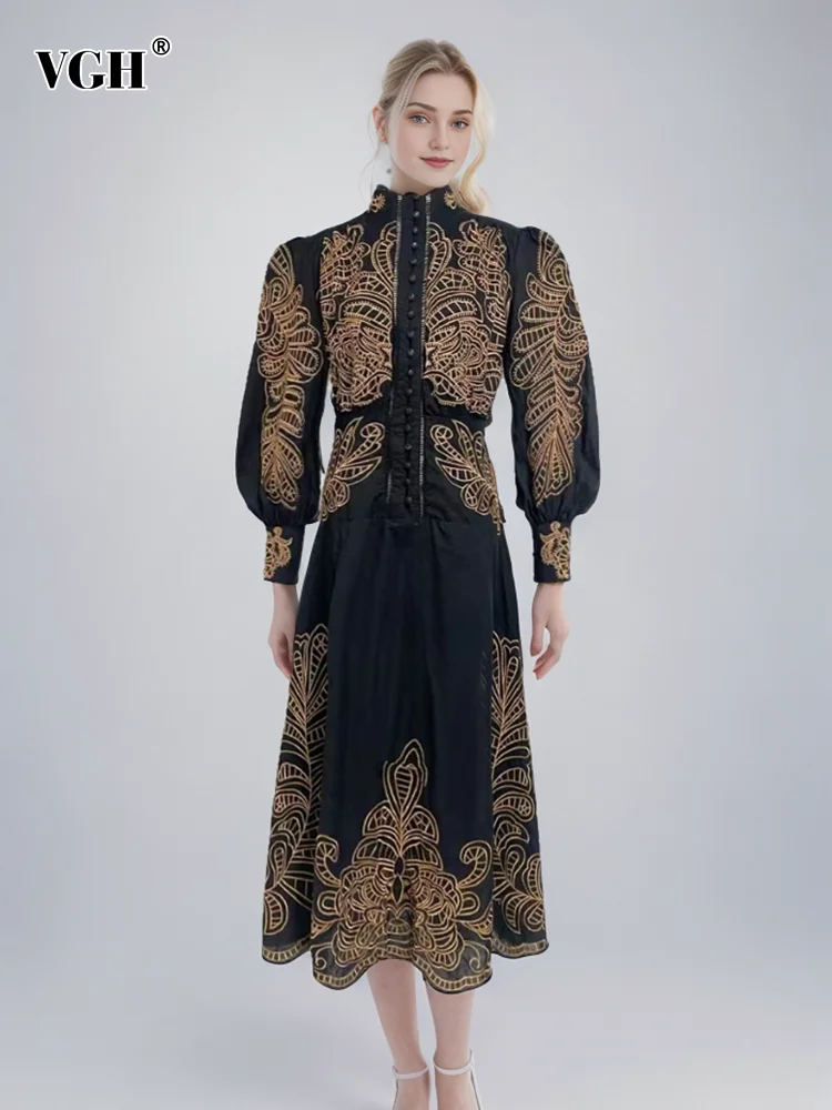 

VGH Hit Color Patchwork Embroidery Elegant Dresses For Women Stand Collar Long Sleeve Spliced Button Dress Female Fashion New