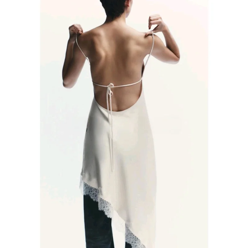 กระโปรงมิดิลำลองผู้หญิง รุ่น X ผ้าซาตินเนื้อนุ่ม สายเดี่ยวแบบไม่สมมาตร แต่งลูกไม้เซ็กซี่ ผ้าโพลีเอสเตอร์ผสมผ้าโปร่งจีบ