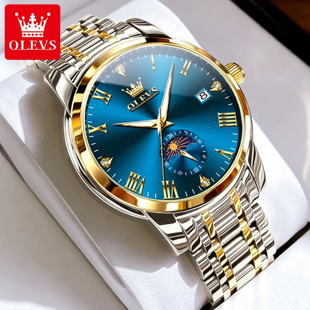 OLEVS 3656 ساعة رجالية فاخرة تاريخ تلقائي الرومانية الهاتفي مقاوم للماء ساعة الفولاذ المقاوم للصدأ مضيئة Moonphase ساعة رياضية للرجال